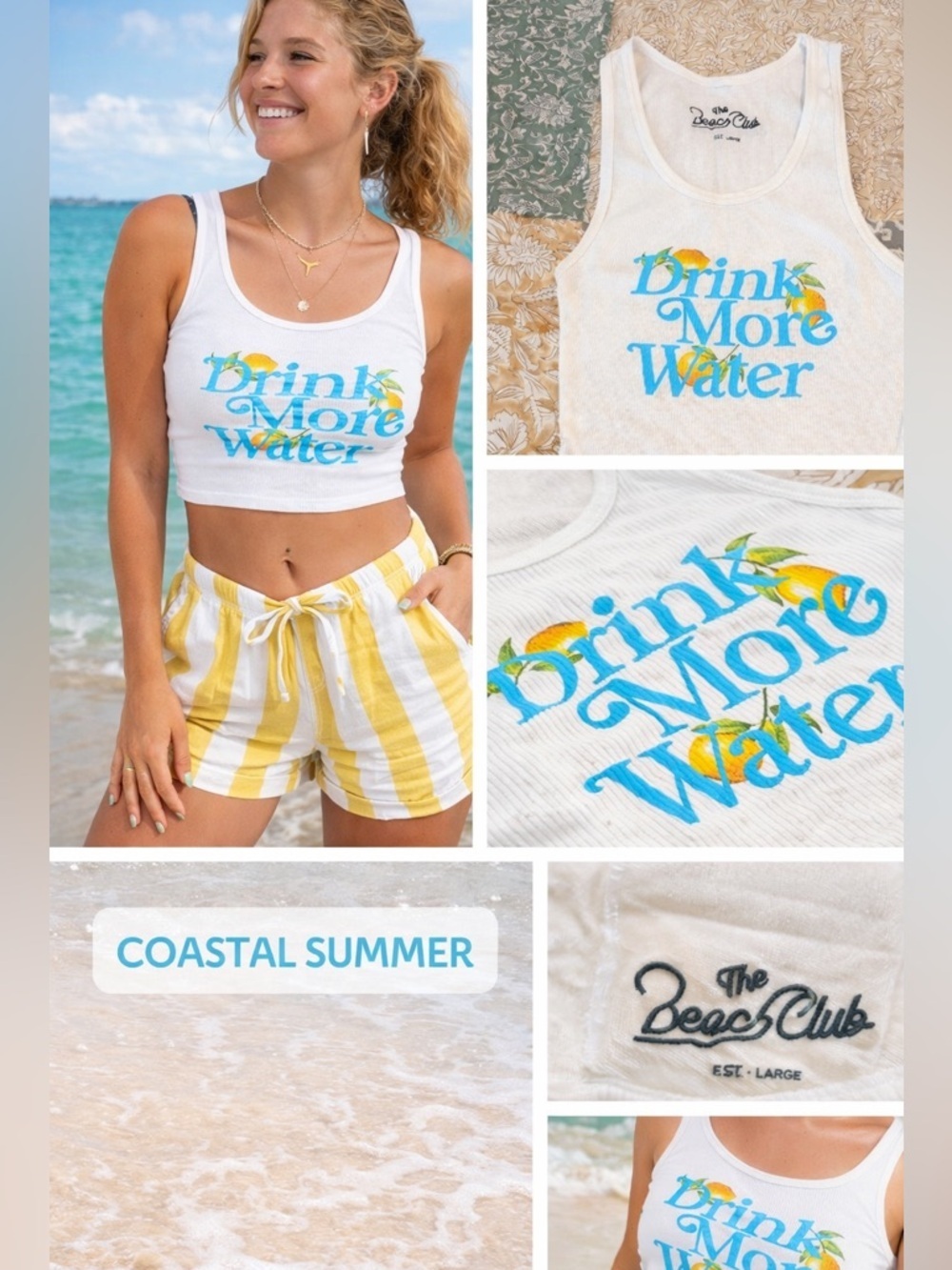 The Beach Club Drink More Water White Ribbed Crop Tank Top Lemon Coastal Summer